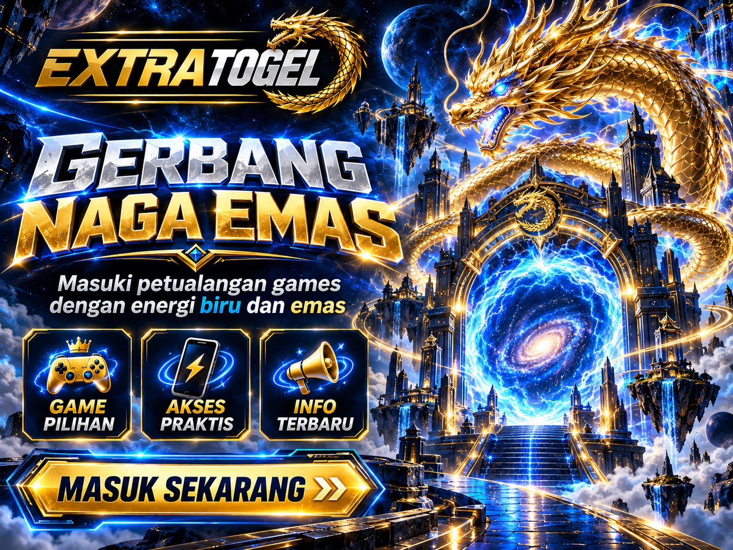 Banner EXTRATOGEL dengan naga emas melingkar di portal biru elektrik dan latar galaksi gelap